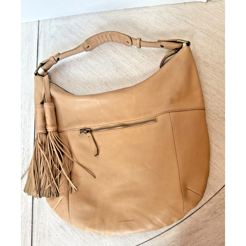 Lucky‎ Brand Leather Hobo Shoulder Bag Tan Slouchy Tassel Boho Purse EST. 1990